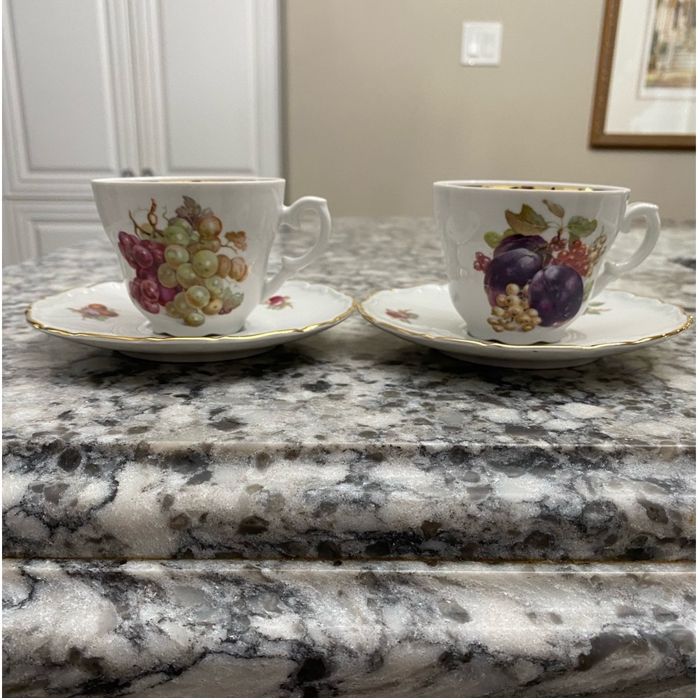 Set of 2 VTG Schumann Arzberg Bavaria Bone China Teacups and Saucers with Fruit